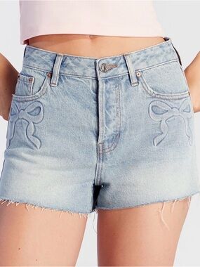 PacSun Light Blue Denim Shorts with Bow Embroidery-sz23